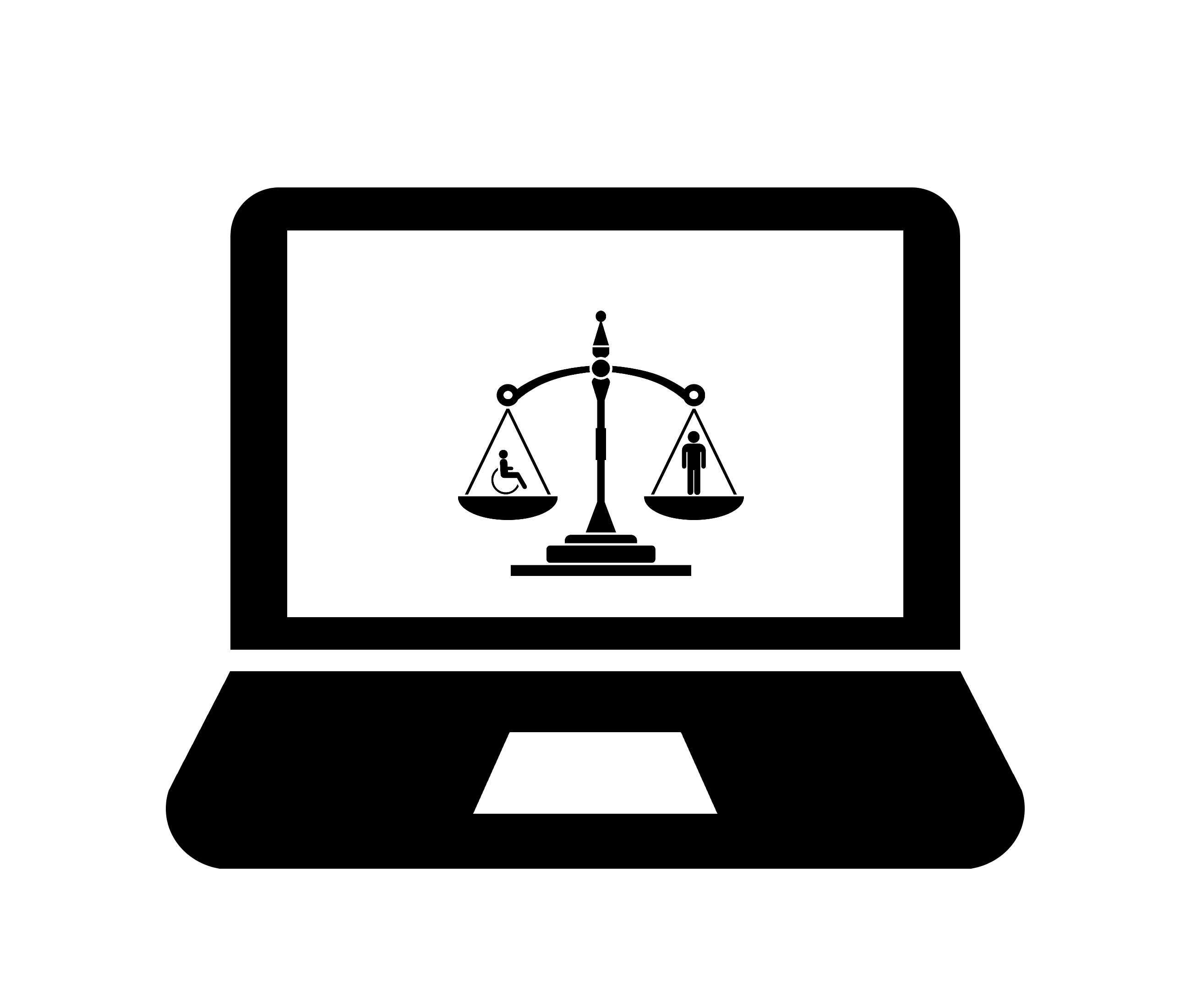 laptop with scales of justice with a figure standing on the scale to the right and a figure in a wheelchair on the left both equal