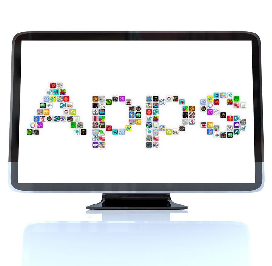 Computer monitor with the word APP spelled out using icons