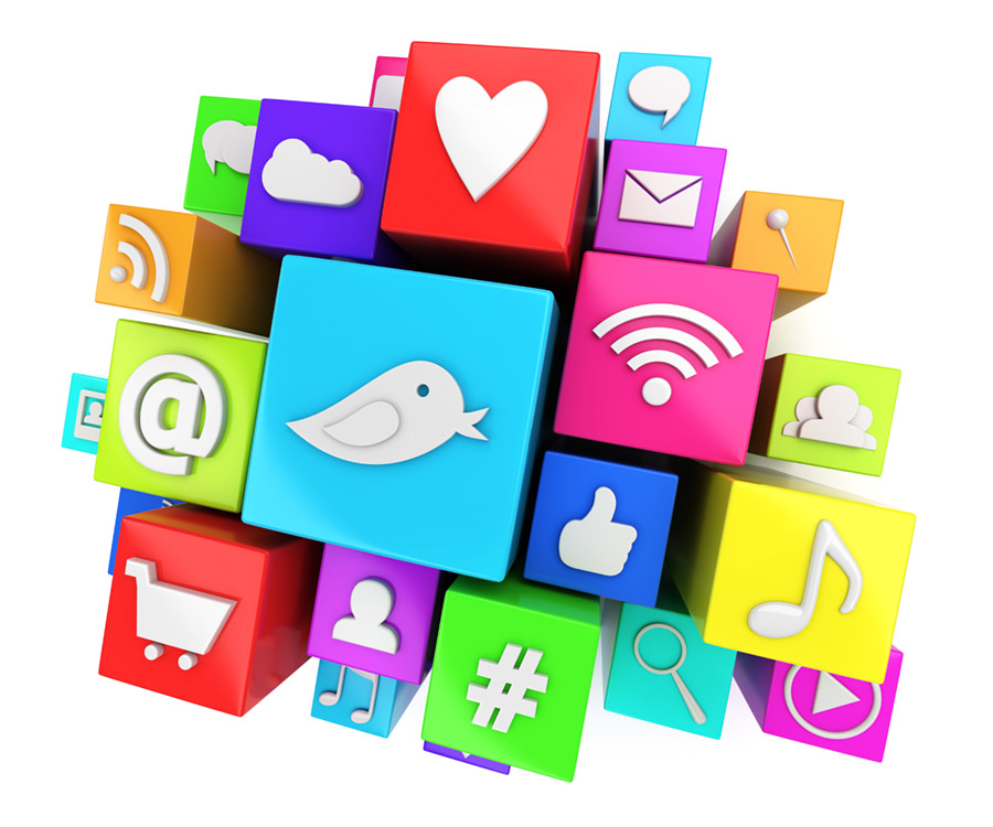 Social media icons for twitter, facebook, rss, and chat