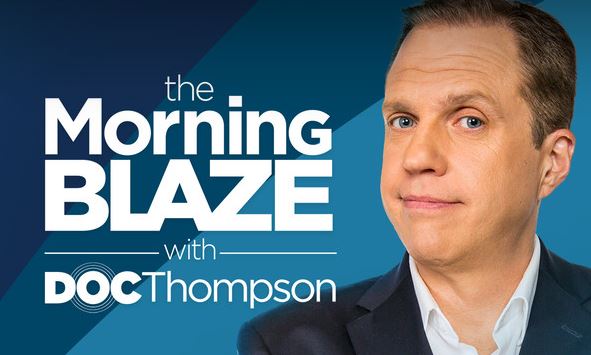 Doc Thompson with the morning blaze logo and image of him dressed in a navy blazer and white button up shirt