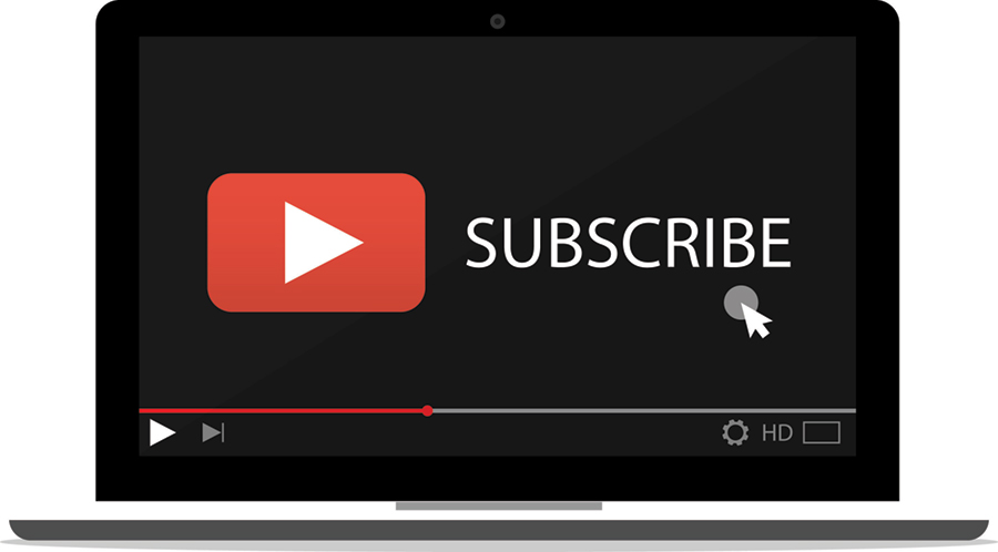 laptop with video play button and accompanying text that says subscribe