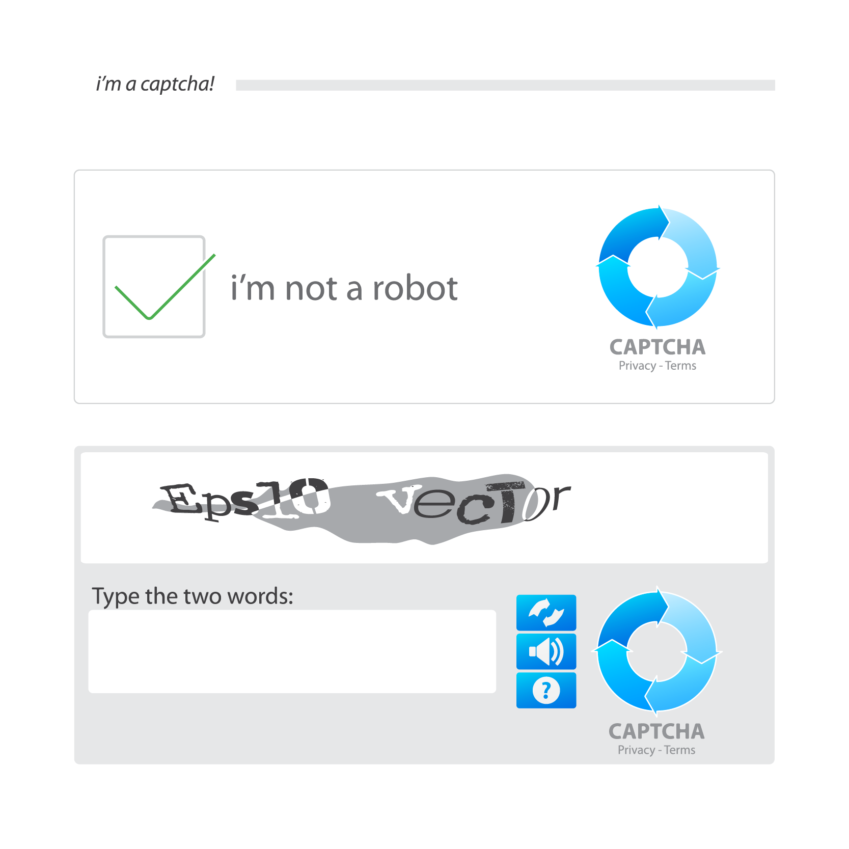 Image of a captcha that has a green check mark next to text that says i'm not a robot. Underneath it is a series of jumbles letters and numbers that are difficult to decode with an empty text box